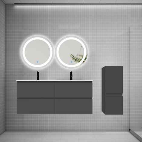 Ensemble meuble double vasque L.120cm 4 tiroirs + lavabo + 2 LED miroirs rond 60cm + colonne,anthracite easy (1/5)