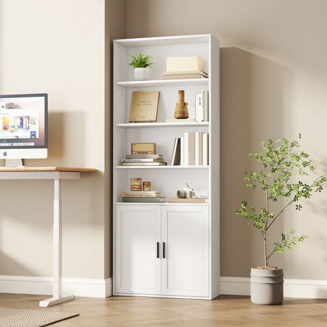 Bibliothèque, 6 Niveaux, Étagère à Livres avec Portes, 24 x 60 x 175 cm, pour Salon, Bureau, Salle à Manger, Blanc (1/5)