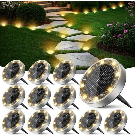 Lumiere Solaire Au Sol Lot de 12, Lampe Solaire Exterieur Jardin 8 LED, Étanche Spot Solaire Extérieur pour Chemins Allée Pelouse Terrasse Cour Piscine[Blanc Chaud] (1/5)