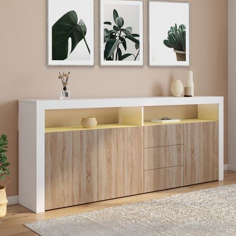 180 cm ELIGHT XXL Aparador de 3 puertas y 3 cajones con luz LED y nichos de madera en blanco y efecto haya