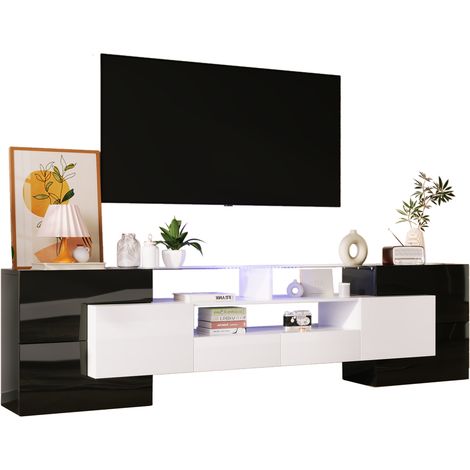 Meuble TV élégant, panneau bas, blanc brillant et noir, 200 cm, éclairage LED, mobilier de salon, design moderne, surface en verre élégante.