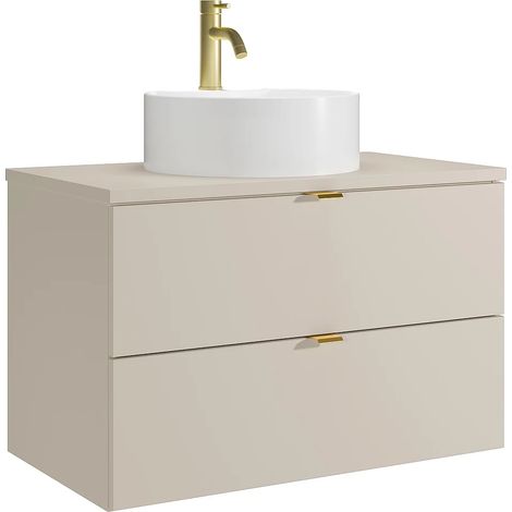 Meuble de salle de bain suspendu avec vasque à poser ronde et robinet - Beige - 80 cm - LAVENA (1/5)
