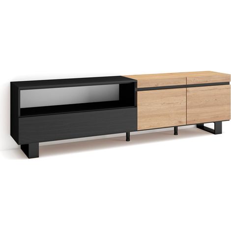 Skraut Home – Meuble TV chêne et noir 200x57x35cm – Grand espace de rangement pour TV jusqu'à 80' – Design industriel moderne – Pieds en métal (1/5)