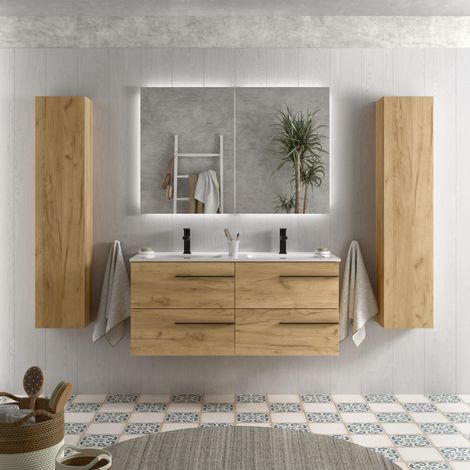 Meuble de salle de bain YARA 120cm Chêne Vasque Porcelaine Centrale (1/5)