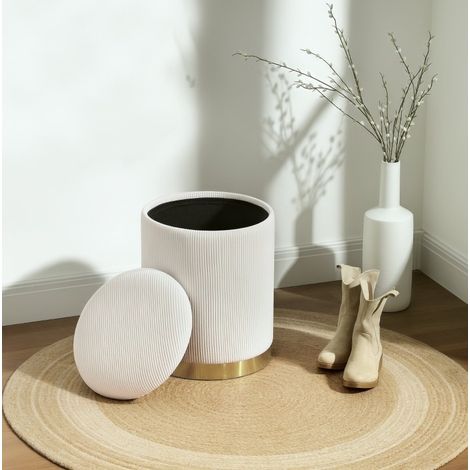Pouf contenitore 36x36x44 cm bianco crema, coperchio e base in acciaio, poliestere, MEUBLIV (1/5)