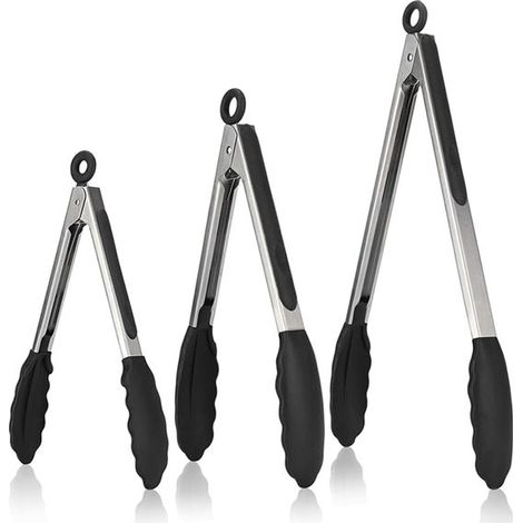 Pinzas para barbacoa - Pinzas y mangos de silicona - Juego de 3 - Resistentes al calor - Pinzas de cocina de acero inoxidable - Negras (1/5)