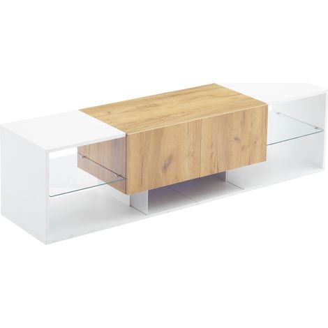 Mobile TV bianco e legno 160 x 40 x 42 cm con LED, 2 cassetti e vetro (1/5)