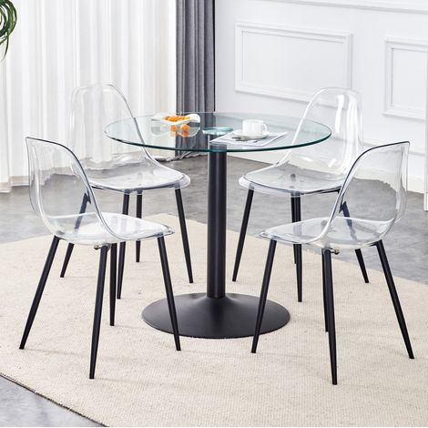 Juego de mesa de comedor redonda (85x85x76 cm), con 4 sillas, tablero de cristal templado, base de metal, negro y transparente (1/5)