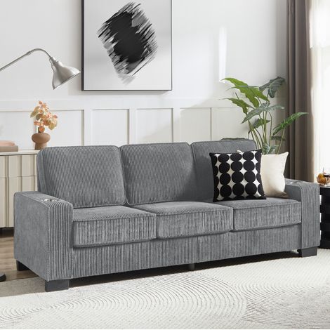 Canapé 3 places gris en tissu côtelé avec porte-gobelets, 206 cm, OKWISH (1/5)