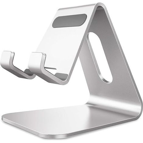 Support de téléphone, support de bureau en aluminium compatible avec iPhone 16, 15, 14, 13, 12, Mini Pro Max, XS Max, XR, X, SE, 8, 7, 6, 6S Plus, Huawei Mate 60 Pro, Samsung S23, S22, S21 - Argent (1/4)