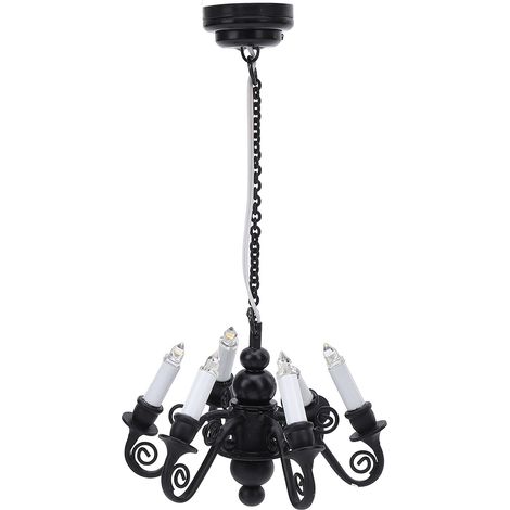 Lustre miniature noir à 6 têtes pour maison de poupée (échelle 1:12), avec éclairage suspendu et 6 têtes. (1/5)