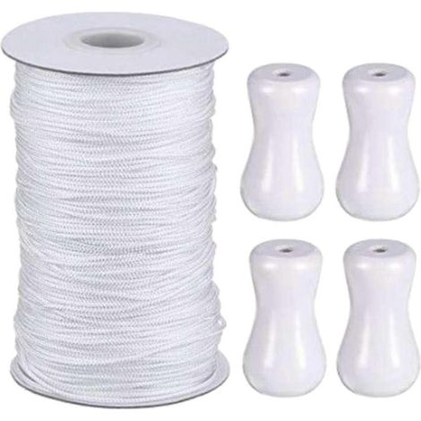 Cordon tressé blanc de 1,8 mm pour stores vénitiens en aluminium, 55 yards (50 m)/rouleau, avec 4 pendentifs en bois blanc. Idéal pour le jardinage, les plantes et les loisirs créatifs. (1/5)