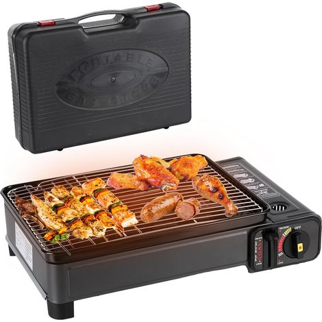 Réchaud à gaz portable au butane, barbecue au propane portable, barbecue de table portable, barbecue coréen pour la cuisine en plein air et le camping avec étui de transport (noir) (1/4)
