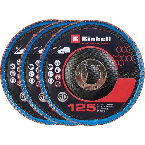 Einhell Set 3 Disques abrasifs pour meuleuse 125mm (Grain 60, lamelles incurvées) (1/2)