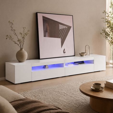 Meuble TV 240cm blanc – Avec éclairage LED– avec 4 portes et 2 étagères de rangement – Design moderne 240 x 39 x 35 cm (1/5)