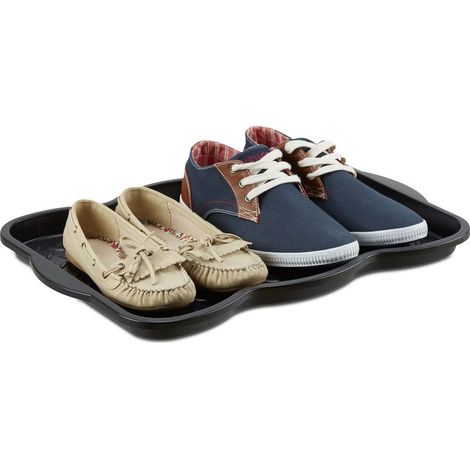 Plateau égouttoir, lot de 3, bottes & chaussures bac noir, plastique égouttoir 4 chaussures HxlxP: 3 x 49 x 35 cm, noir (1/4)