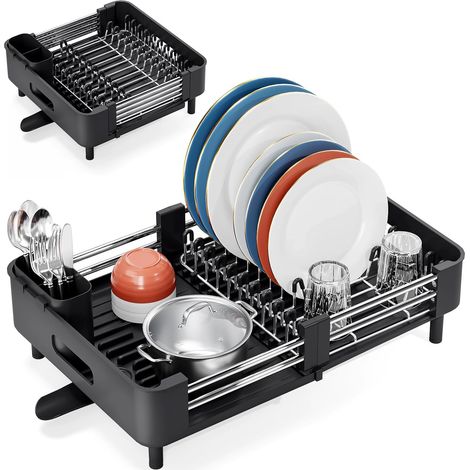 Egouttoir Vaisselle, Egoutoire Vaisselle Cuisine Extensible(32-47CM), Égouttoir en Acier Inoxydable avec Porte-Couverts, à Pliable Bec de Drainage Noir -'Parent'Noir'- (1/5)