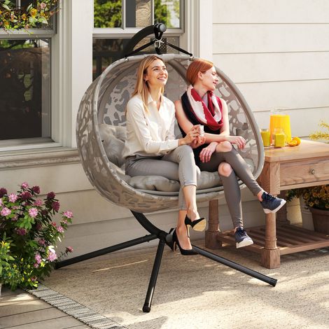 Fauteuil hamac - panier pliable - pour 2 personnes - grand coussin d’assise - sable - 130 x 103 x 172 cm - Idéal