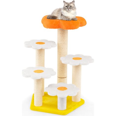 Torre per gatti con comodo trespolo in morbido peluche in sisal per saltare, Albero per gatti da interno a forma di fiore Giallo (1/3)