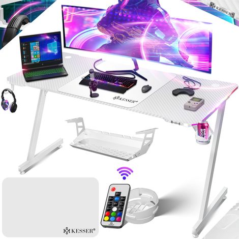 KESSER® Table de jeu ultime  Z-Frame Bureau de jeu avec porte-boisson  Crochet pour écouteurs  Table d'ordinateur PC Table ergonomique pour gamer  160 x 60 cm  Blanc carbone avec LED