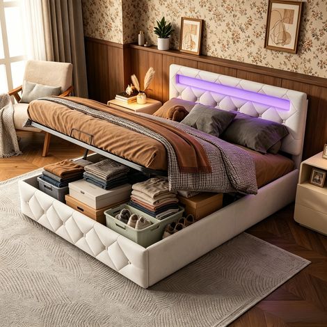 JOOKGBD-Polsterbett Doppelbett 140x200 cm, Jugendbett mit Hydraulischem Stauraum, LED-Beleuchtung, USB-Ladefunktion, Verstellbares Kopfteil, Lattenrost, Samt, Beige