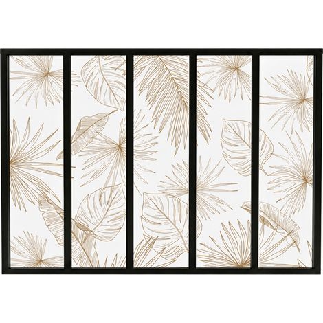 Verrière atelier intérieure aluminium noir 5 vitrages 168 x 117 cm - Décor végétal - Lamnar Kola - ocre et transparent - Verre trempé (1/5)