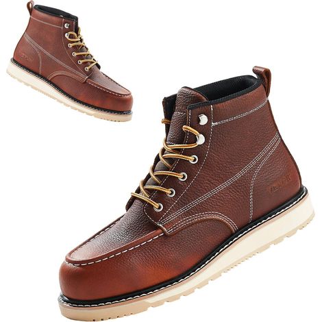 Bottes de travail homme taille 12 UK avec embout acier, étanches, semelle antidérapante en EVA légère et respirante, marron (1/5)
