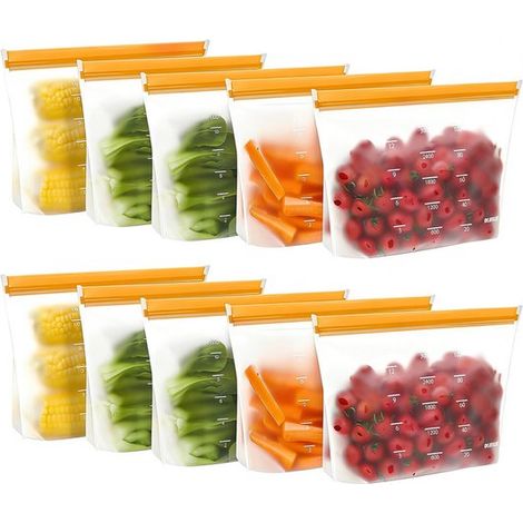 10er-Packung – Wiederverwendbare Gefrierbeutel – Mit Reißverschluss – Ideal für die Aufbewahrung in der Küche – Orange (1/5)