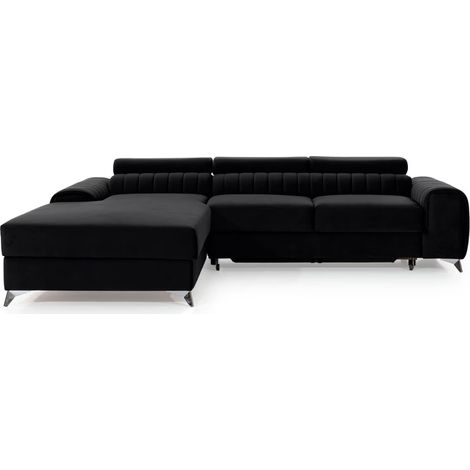 Canapé d’angle convertible GRENKY en velours avec coffre et têtières réglables – 278cm angle gauche-Noir-angle gauche (1/5)
