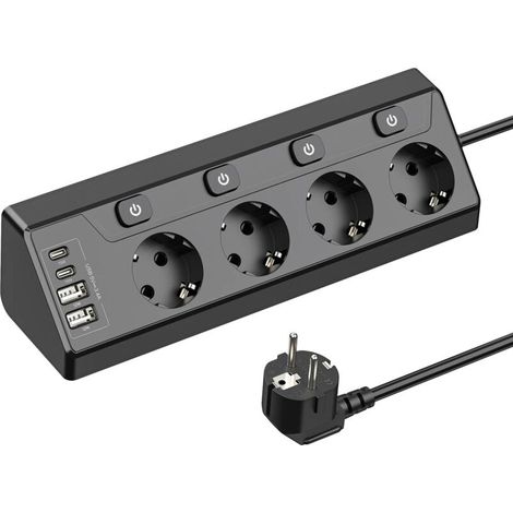 Multiprise d'angle ue, 4 prises ca, prise de Table avec 2 USB A 2 Type C, prise murale Multiple avec interrupteur pour cuisine et maison, rallonge de 2M, Noir (1/5)