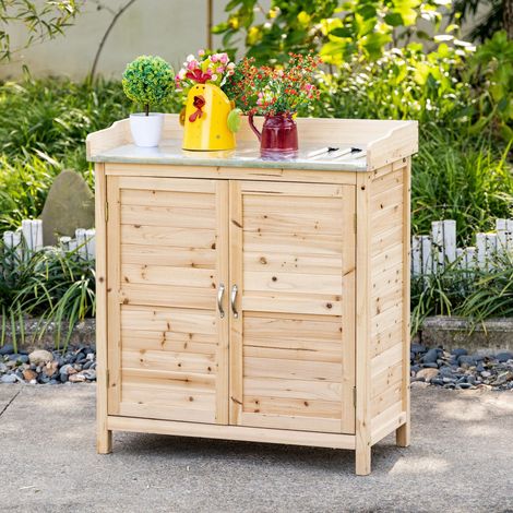 Armario de jardín 83x40x92 cm natural en madera de abeto con doble puerta, estantes y encimera (1/5)