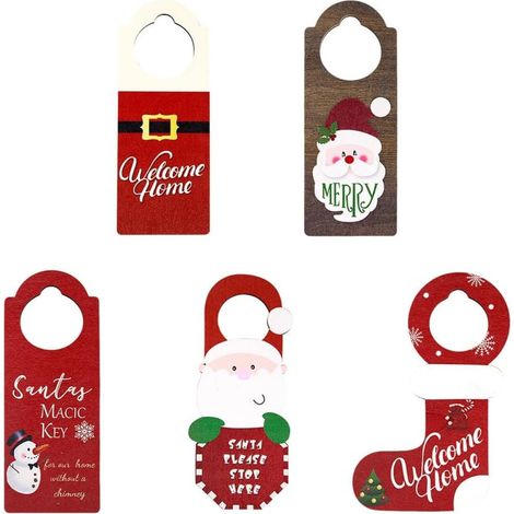 Lot de 5 décorations de porte en bois pour Noël, avec de jolis motifs de Père Noël et de bonhomme de neige, des inscriptions « Bienvenue à la maison » et « Joyeux Noël », idéales pour décorer la porte (1/5)