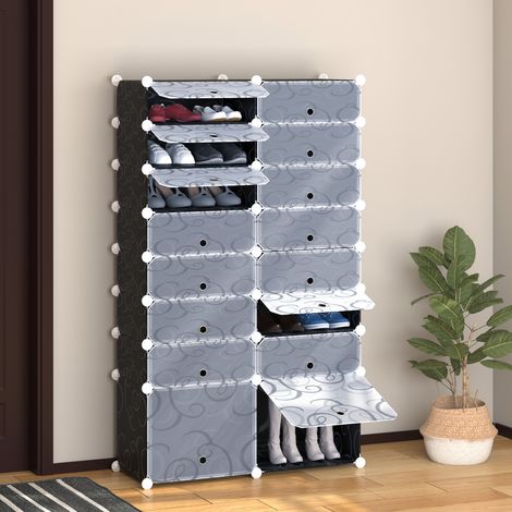 Armoire à Chaussures Modulable Range Chaussures L 95 x l 37 x H 160 cm 14 Cubes rectangulaires et 2 Grands Cubes et en plastique Noir Blanc
