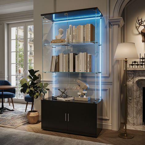 Vitrine en verre - avec rangement à double porte, verre de sécurité trempé, bande lumineuse LED réglable, poignées en alliage d'aluminium - noir (1/5)