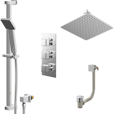 Cubix Polished Chrome Concealed Triple Thermostatic Shower Valve with Diverter and 400mm Square Head with 150mm Ceiling Arm and Thames Slide Rail Kit with Free-Flow Bath Filler - 3 Outlet (1/5)