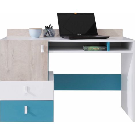 Mesa de oficina Camteso 107, Blanco + Roble + Turquesa, Con cajones, Con un estante para teclado, Con puertas, Número de puertas: 1, Número de cajones: 2, 78x125x55cm