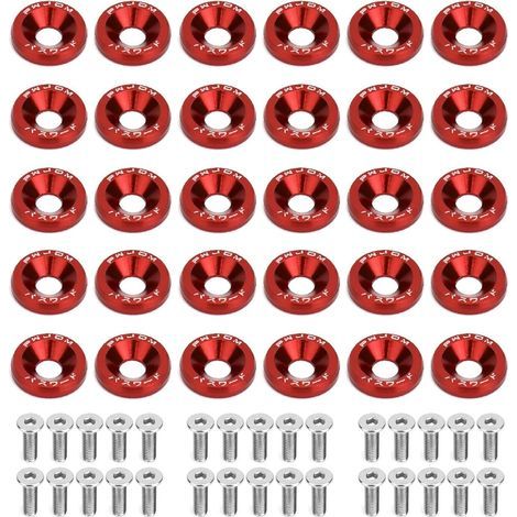 30 Paires M6 Rondelle Anodisé en Aluminium et Vis M620mm en Acier Inoxydable, Rondelle Aluminium Anodisé Carénage, Rondelle de Pare-chocs pour Pare-Chocs Garde-Boue de Voiture (Rouge) (1/5)
