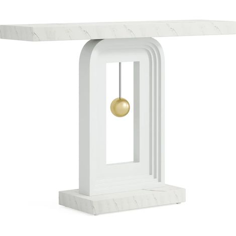 Tavolo consolle bianco con piano effetto marmo e base geometrica, 100 cm, MODENUIT (1/5)