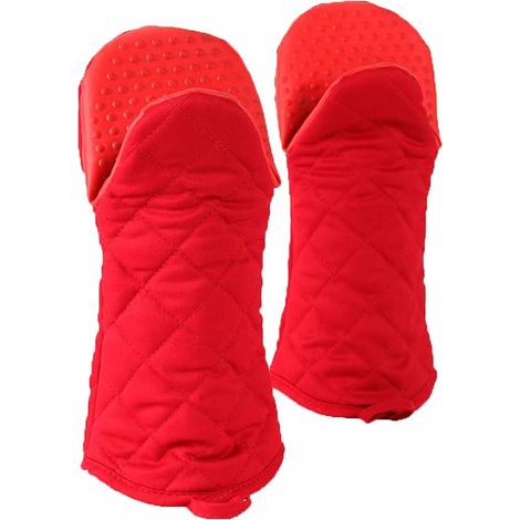 1 Pair Double Oven Gloves, Universal Rubber Cotton BBQ Gloves, 540℉ Heat Resistant Cooking Gloves, Long Thick Soft Oven Mitts for Kitchen BBQ Cooking (Red) (1/5)