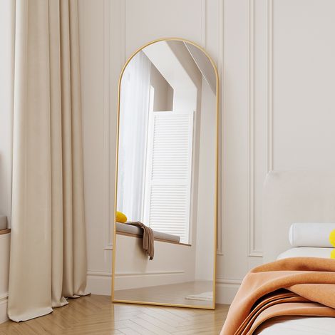 Specchio a figura intera bombato 165 x 60 cm, grande specchio da terra con supporto o da parete per camera e ingresso, lega di alluminio, oro