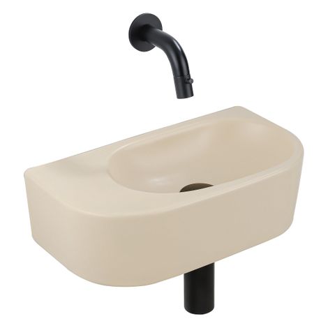 QeramiQ Fuente Ensemble de Lavabo - 40x21.5x12cm - lisse - demi-rond - sans trou pour robinet - céramique - ensemble de robinet noir mat - bouchon de