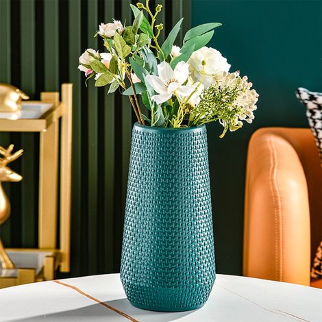 Vase - Plastique - Imitation Porcelaine - Pour Fleurs Fraîches ou Séchées - Bureau Salon Chambre - 25,5 x 10,5 x 10 cm - Bleu Marine - 1 Pièce (1/5)