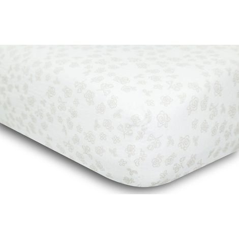 Lenzuolo con angoli elasticizzati in mussola, 60x120x10 cm, bianco con rose (1/2)