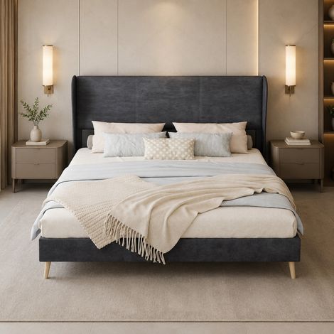 Lit 160x200 cm avec tête de lit capitonnée, design bas, gris HAVRYA (1/5)