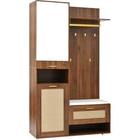 Eingangsmöbel-Set mit Spiegel, 6 goldenen Haken, Schuhregal, LED 16 Farben, 110x38x190 cm (1/5)