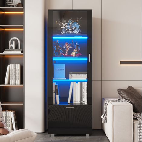 Vitrine 40/50/160 cm noire brillante avec LED, portes acryliques et 3 étagères en verre (1/5)