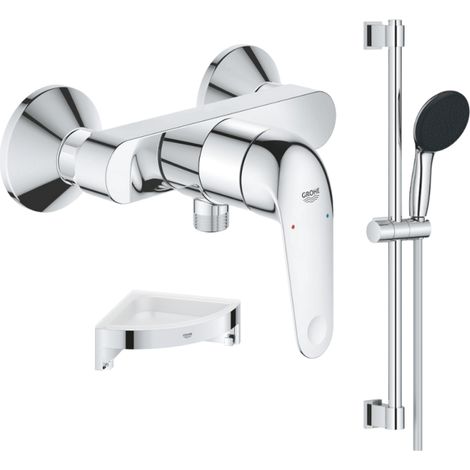 Grifo monomando mecánico para ducha GROHE Swift 2023 + conjunto de ducha de 2 chorros con barra + estante de ducha esquinero
