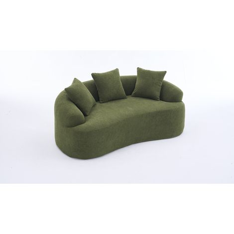 Divano a 2 posti curvo in ciniglia verde, compatto, con 3 cuscini decorativi, senza montaggio (1/5)