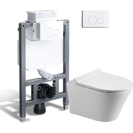 HOROW Ensemble WC Suspendu complet - 82 cm bâti-support WC à réservoir + WC Suspendu sans bride + plaque de chasse d'eau blanche (1/5)