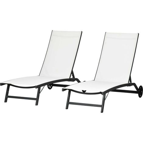 Set aus 2 Liegestühlen aus Aluminium und cremefarbenem Netzgewebe mit Rollen, verstellbarer Rückenlehne, maximale Belastbarkeit 150 kg